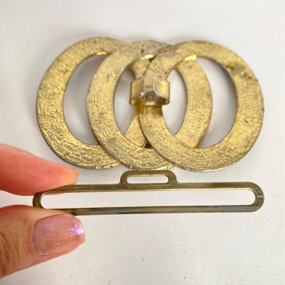 Retro Enamel Swirl Belt Buckle 3-Ring Large Green Blue Peach Goldtone 4.5x3.5in - Picture 3 of 12